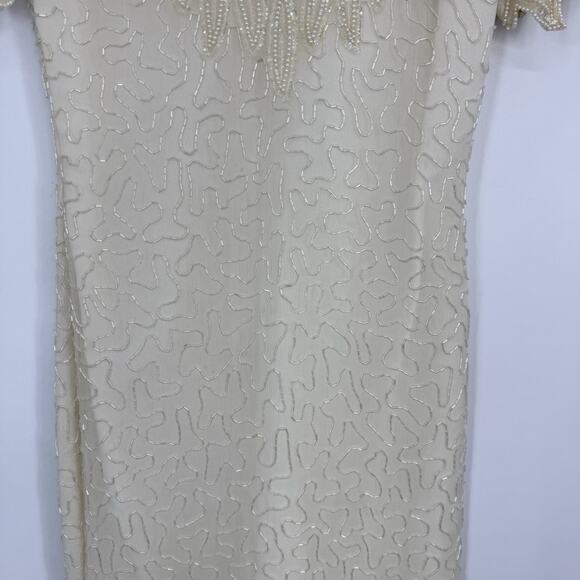Lawrence Kazar Silk Beaded Sheath Dress Vintage size Small Ivory Short Sleeve - Picture 6 of 16